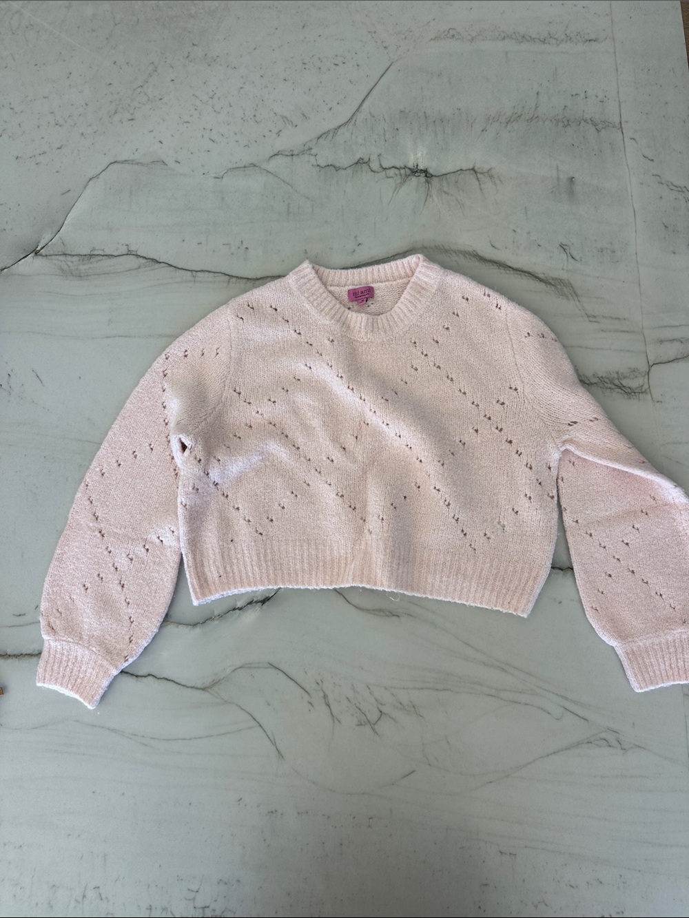 Mamia Pale Pink Cropped Eyelet Crew Neck Sweater